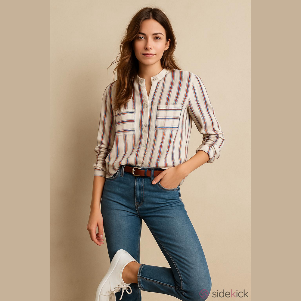 LOFT Striped Long Sleeve Casual Blouse Cream Ivory Ecru Red Navy Size XS - Picture 13 of 13